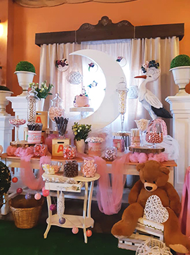 Mesa dulce bautizo tonos rosas